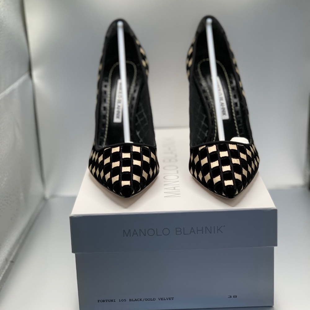 New Manolo Blahnik Fortuni 105 Heels - Black and Gold Velvet, Size 38